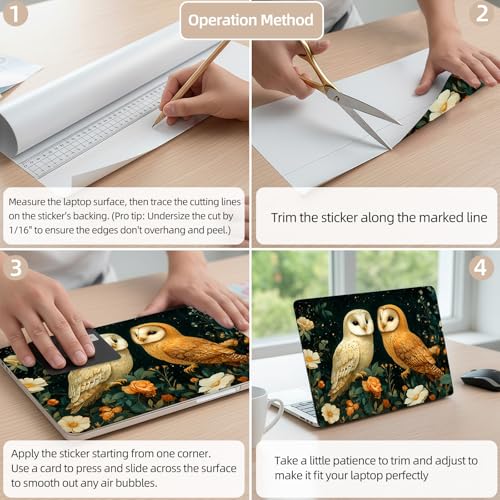 Aesthetic Laptop Skin Cover,12-15.6 Inch Universal Vinyl Sticker Decal,Owls Flowers Night Waterproof Scratch-Resistant Notebook Wrap,Removable Residue-Free Protector - color: Owls Flowers Night