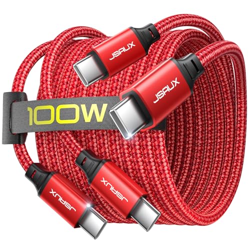 JSAUX 100W USB C to USB C Cable [2-Pack 10FT], PD Fast Charging, Blue | 100 Watt Fast Charger, Braided Type-C Cords for iPhone Air/17/16/15 Series, Galaxy S/Note Series, MacBook and iPad - color: Red, size: 6.6ft+6.6ft