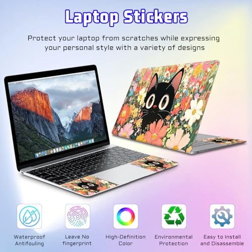 Universal Laptop Skin Sticker Decal, Compatible with MacBook HP Dell Lenovo 12"-15.6", Reusable Vinyl Notebook Cover 3PCS Set, High-Recognition Film-Black Cat in Florals - color: Black Cat in Florals