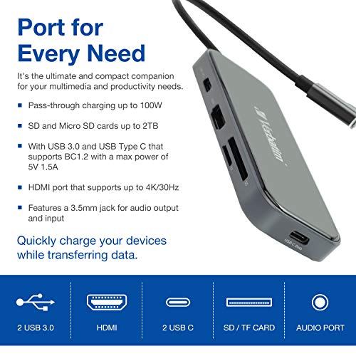 Verbatim 8-in-1 USB C Hub w/Dongle for Laptop - 100W PD, 2 USB 3.0 Ports, 2 USB-C Ports, SD Card Readers, HDMI, 3.5mm Audio