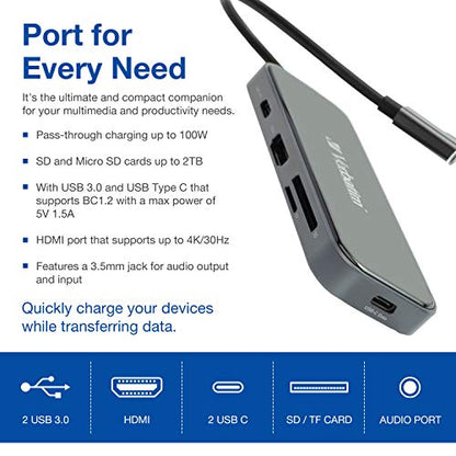 Verbatim 8-in-1 USB C Hub w/Dongle for Laptop - 100W PD, 2 USB 3.0 Ports, 2 USB-C Ports, SD Card Readers, HDMI, 3.5mm Audio