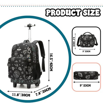 Kids Rolling Backpack for Boys 16.5" School Roller Backpack with Lunch Box, Toddler Backpacks with Wheels Rollig Wheeled Backpacks for Elementary School - color: Black Space