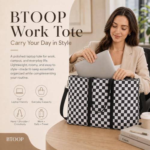 BTOOP Work Tote Bag for Women, Laptop Tote Bag With 15.6 Inch Padded Compartment, Teacher Nurse Bible Bags - color: Black-white Checkered