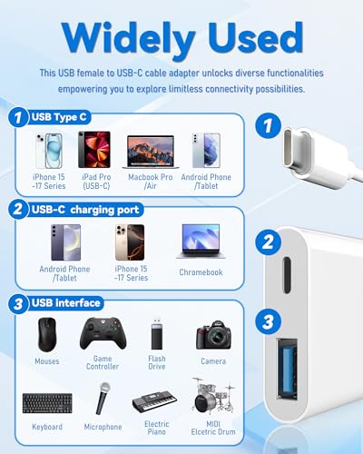 USB C to USB Camera Adapter with 30W PD Charging Port | OTG Cable, Compatible with iPhone 17/16/15 iPad Android, USB 3.0 Female, For Flash Drives Keyboards Mice