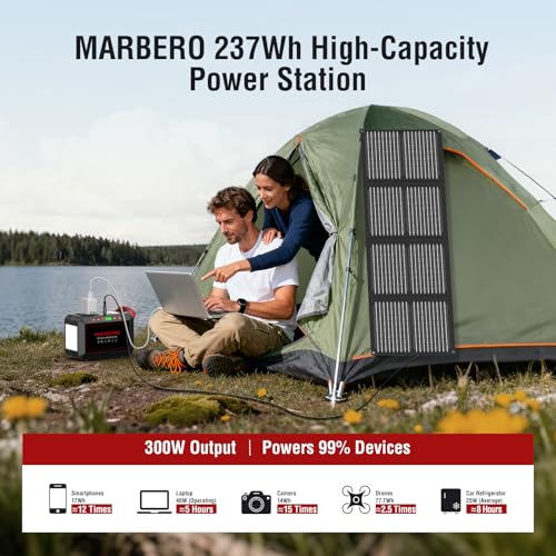 MARBERO 237Wh Solar Generator with Solar Panel Included Portable Power Station 300W Pure Sine Wave with Foldable Solar Panel 60W Set for Camping Outdoor Hiking Fishing Emergency | Solar Powered Generator 375W Surge Portable Power Station Pure Sine Wave 11