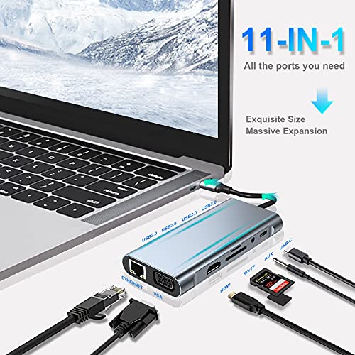 USB C HUB 11 in 1 Docking Station Compatible with MacBook Pro/Air | USB C Adapter with 4K HDMI/VGA/USB C PD/USB3.0/RJ45 Ethernet/SD/TF Card Reader/3.5mm AUX Compatible with Other Type C Laptops - size: 11 in 1