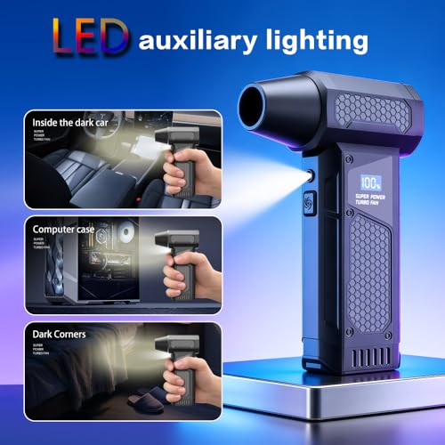 Portable 150W High Speed Turbo Fan air Duster 130,000RPM led Display 4 Levels Wind Speed Brushless Motor, Blowing and Inflating Feature,for Car Cordless Air Duster and Rechargeable.Black