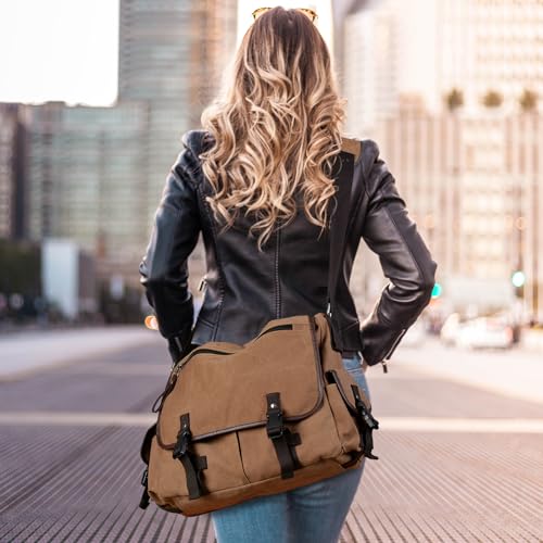 15.6 Inch Laptop Messenger Bag for Men Women, Canvas Computer Shoulder Bag, Work Briefcase for Business College Travel | Anti-theft Design - color: Coffee