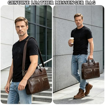Leather Laptop Bag for Men Briefcase Fits 15.6 Inch Notebook Portable Shoulder Messenger Crossbody Bag for Travel Office - color: 16coffee