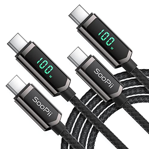 SOOPII USB C to USB C Cable, [4FT,2 Pack] 100W PD Fast Charging USB C Cable, Nylon Braided Type-C Cable with LED Display for lPhone 15/15 Plus, MacBook Pro, Samsung Galaxy S22/S10, Pixel, LG - color: Black, size: 4 Feet (2-Pack) 100W