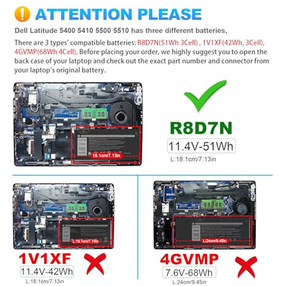 Futurebatt R8D7N 1V1XF Laptop Battery Replacement for Dell Inspiron 3540 M3550 Latitude 5400 5500 5510 7590/7591/7791 2-in-1 P80F P80F001 P84F H82T6 0C5GV2 W8GMW 0W8GMW 0R8D7N - size: R8D7N 8.94 4.96 0.71in
