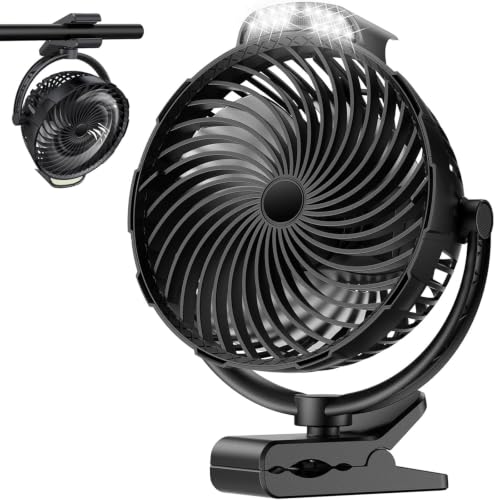 8-Inch Rechargeable Clip on Fan, 10000mAh Portable Camping Fan with LED Light, 9-Speed Ultra Quiet Airflow, 30H Runtime, 360° Rotating Desk Fan for Golf Cart, Bedroom, Office, Dorm, Black - color: Black