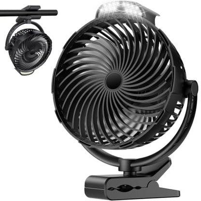8-Inch Rechargeable Clip on Fan, 10000mAh Portable Camping Fan with LED Light, 9-Speed Ultra Quiet Airflow, 30H Runtime, 360° Rotating Desk Fan for Golf Cart, Bedroom, Office, Dorm, Black - color: Black