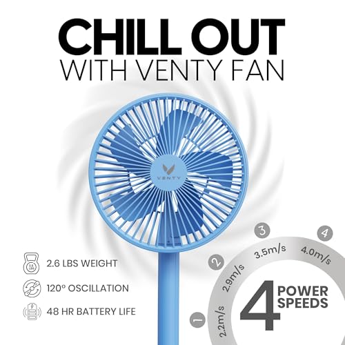 VENTY Portable Fan - Wireless Battery Operated Fan - 4 Speeds - LED Lighting - Carry Case & Remote Control - Cruise Travel - Outdoor Travel RV Power Bank With USB-C Port (Blue with Case) - color: Blue