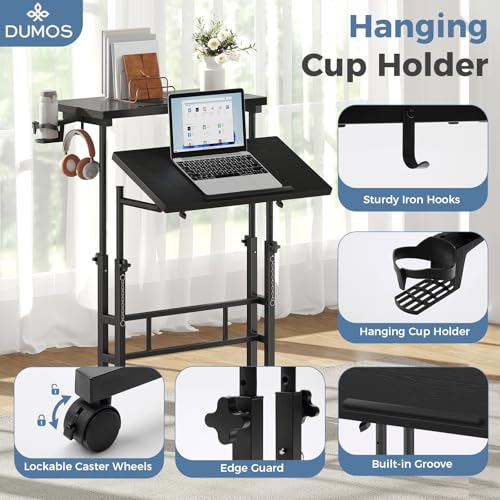 DUMOS Rolling Standing Desk, Sit Stand Desk, Computer Cart | 23.6 Inch Width, Height Adjustable, Split Top, Mobile Laptop Workstation, Office Table, Portable Design, Black - color: Black