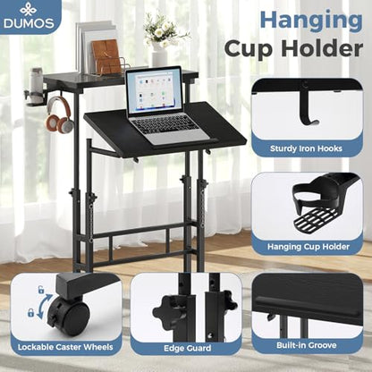 DUMOS Rolling Standing Desk, Sit Stand Desk, Computer Cart | 23.6 Inch Width, Height Adjustable, Split Top, Mobile Laptop Workstation, Office Table, Portable Design, Black - color: Black