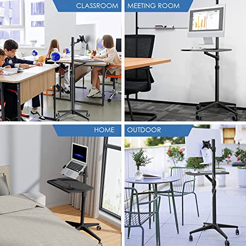 Mobile Desk Workstation,Mulitiuse Rolling Laptop Floor Stand,34"-48.6" Height Adjustable,Compatible with 17"-27" Monitor&12"-17" Laptop,21"×14" Desk Board,Maxload 17.6lbs,4 Lockable Wheels