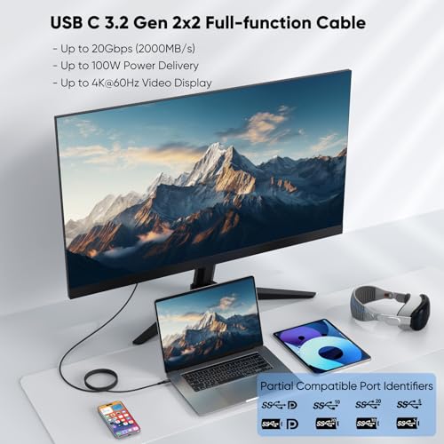 USB C Monitor Cable 3FT, 4K@60Hz Display Video, USB C 3.2 Gen 2x2 with 20Gbps High Speed Data Transfer, 100W Fast Charging Cord for Monitor, Laptop, Phone, Portable SSD, Dock