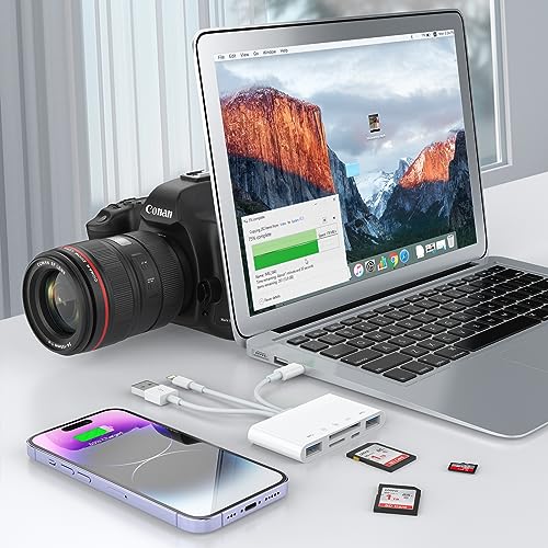 5-in-3 SD Card Reader for iPhone iPad with USB A & Charging Port, Lightning + USB A + USB C to SD Memory Card Reader for iPhone/iPad/Android/MacBook/PC/Tablet/Camera/Hard Disk/Flash Drive