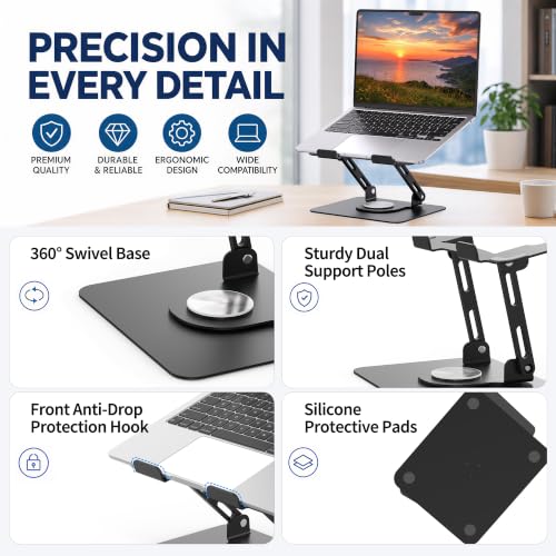 SOUNDANCE 360 Rotating Laptop Stand, Ergonomic Computer Riser for Desk, Adjustable Height Multi-Angle Metal Holder, Foldable Portable Notebook Elevating Base for Office & Home, Black - color: Black