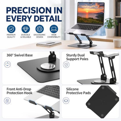 SOUNDANCE 360 Rotating Laptop Stand, Ergonomic Computer Riser for Desk, Adjustable Height Multi-Angle Metal Holder, Foldable Portable Notebook Elevating Base for Office & Home, Black - color: Black