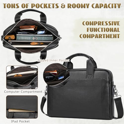 Leather Laptop Bag for Men Briefcase Fits 15.6 Inch Notebook Portable Shoulder Messenger Crossbody Bag for Travel Office - color: 15black