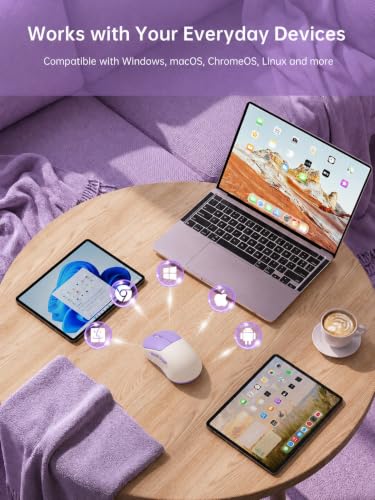 hunart H6 49g Wireless Mouse, Bluetooth & 2.4GHz, USB-C Charging, Purple | Silent Clicks, Two Ways to Connect, Right-Hand Ergonomic Comfort, Portable for Laptop, MacBook, PC & Tablet - color: Cream Purple
