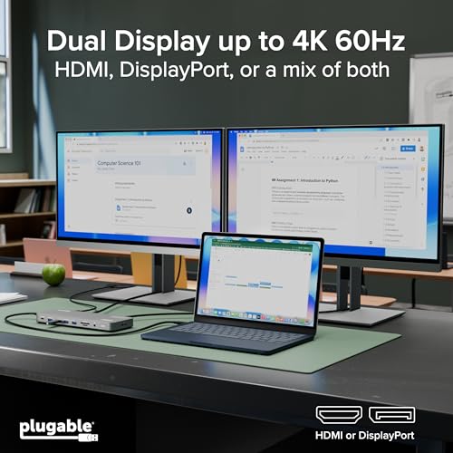 Plugable USB C Laptop Docking Station, Dual Monitor 4K 60Hz for Apple Mac M1/M2/M3/M4/M5,Neo 2X HDMI or DisplayPort for MacBook, 100W Charging DisplayLink Dock, Driver Install Required (UD-6950PDH)