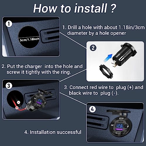83W 12 Volt USB Outlet Built-in Boost USB C Laptop Car Charger: Ouffun 65W PD3.0 and 18W QC3.0 Car USB Port Aluminum Socket with Button Switch Smart Voltmeter, Suitable for Car RV Marine Golf Cart