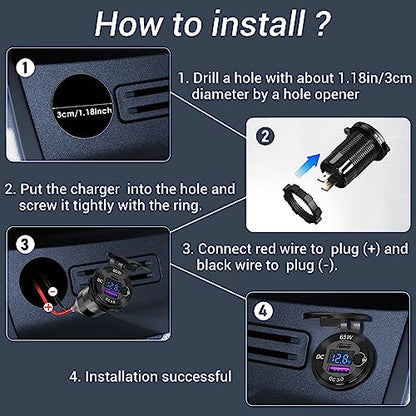 83W 12 Volt USB Outlet Built-in Boost USB C Laptop Car Charger: Ouffun 65W PD3.0 and 18W QC3.0 Car USB Port Aluminum Socket with Button Switch Smart Voltmeter, Suitable for Car RV Marine Golf Cart