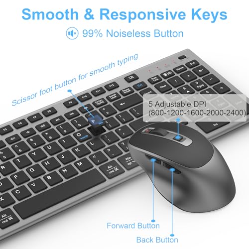 Rechargeable Wireless Keyboard and Mouse, with Number Pad Grey | Quiet Silent, Slim Thin Flat Low Profile Soft Key, USB C, with Skin Cover, Ergonomic Mouse, for Mac Windows PC, Home Office - color: Black Grey