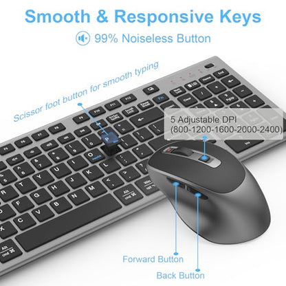 Rechargeable Wireless Keyboard and Mouse, with Number Pad Grey | Quiet Silent, Slim Thin Flat Low Profile Soft Key, USB C, with Skin Cover, Ergonomic Mouse, for Mac Windows PC, Home Office - color: Black Grey