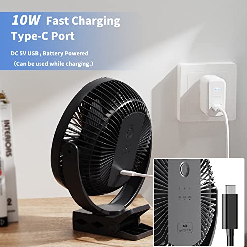 Clip on Fan, Rechargeable Portable Fan, 8 Inch Small Desk Fan - 10000mAh Battery Powered Fan with 4 Speed, 360° Rotation Personal Fan Suitable for Golf Cart, Bedroom, Travel and Camping (Black) - color: Black