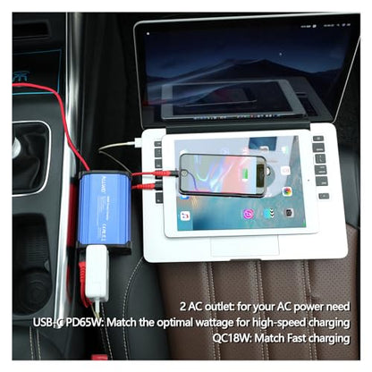ALLWEI 300W Car Power Inverter, DC 12V to 110V AC Converter Car Plug Adapter Outlet with 65W PD USB-C & 18W USB-A Fast Charge, Car Cigarette Lighter Car Charger for Phone, Laptop on Road Trip-Blue - color: PD65W-Blue