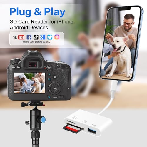 USB‑C SD Card Reader, Memory Card Adapter with SD/Micro SD/USB 3.0 Ports, TF Card Reader Compatible with iPhone 15/16, iPad, Mac, Android and USB C Devices, Digital Camera Adapter for iPhone