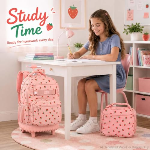 3Pcs Rolling Backpack for Women Girls with Large Wheels, 20 Inches Detachable Wheeled Backpack Set, Adults Water Resistant Roller Backpack for Travel, Work, College School (Pink) - color: Pink Strawberry