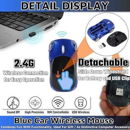 Blue Mouse，Cute Wireless Mouse 1600DPI 2.4G with USB Reciver Car Mouse for Computer Laptop Tablet for Mac OS for Windows（Blue） - color: BLUE