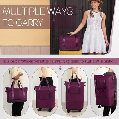 VOOWO Duffel Bag with Wheels - Rolling Foldable Expandable Duffle Bag with Wheel for Travel, Rolling Luggage Bag Carry On Travel Bag with Wheels, Large Wheeled Overnight Weekender Bags (Deep Purple) - color: Deep Purple