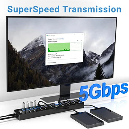Power USB Hub 3.0, atolla 16 Port USB Splitter with 12V/6A Power Adapter and Individual Switches, High-Speed Data Transfer for Laptop, PC, Mac, and More Devices