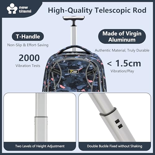 NEW TILAMI 20 Inch Rolling Backpack for School Stair-Climbing Big Wheel | Teen Boys Girls Carry-on Suitcase Large Organizer Compartment 15.6 Laptop Sleeve Adjustable Handle Roller Travel Bag College - color: Grey Stone