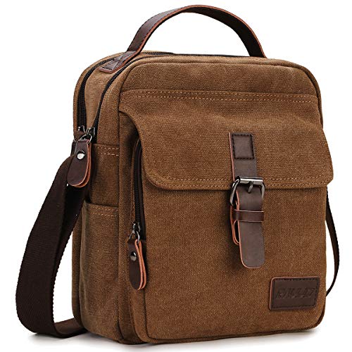 RAVUO Small Messenger Bag for Men, Water Resistant Canvas Satchel Purse Vintage Shoulder Crossbody Bag for Travel Work - color: Coffee