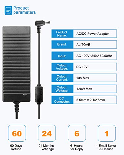 ALITOVE 12V 10A Power Supply AC Adapter 100-240V 50-60Hz to DC 12V 120W | 5-Pack, Compatible 10Amp 8A 6A 12V DC Power Supply, 5.5x2.5mm Plug, DC 12V Power Cord for LED Strip Light CCTV Camera DC Pump - size: 5 Pack (Standard Version)