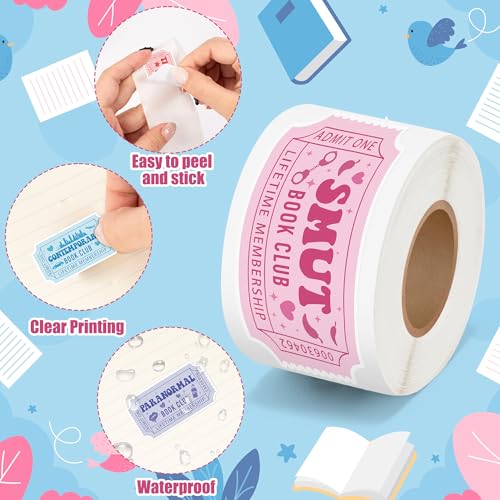 Book Ticket Sticker Roll - 2 Rolls Waterproof Vinyl Ticket Design Self Adhesive Library Decals for Laptop Water Bottle Journal Scrapbook Reading Log Reward Chart Classroom Bulletin Board Gift - style: Book Ticket