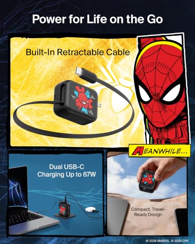 Belkin Marvel Spider-Man 67W USB C Retractable Charger Block Fast Charging | 3.3ft Retractable Cable, USB C Port, iPhone 17, Galaxy S26, AirPods, iPads, MacBook, Travel Charger, Charge Up to 2 Devices - color: Spider Man, style: 67W