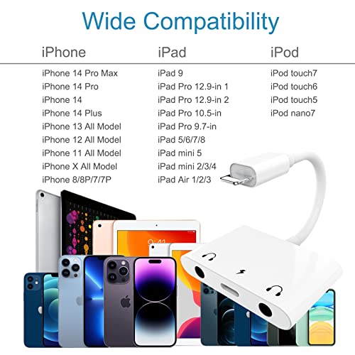 INVERSE NET 3 in1 Lightning to 3.5mm Headphone Adapter for iPhone | Dual Earphone Jack Audio and Charging Adapter, Headphone Splitter for iPhone 14/13/12/11/XS Max/XR/8/7 Plus/6/iPad