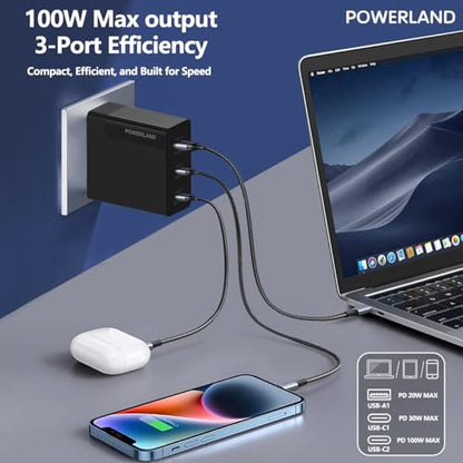 100W USB C Charger,GaN III 3-Port Fast Charging Station,PD QC Foldable Charger Block Portable Laptop Adapter for MacBook Pro/Air,iPad Pro,Galaxy S23,Dell XPS 13,iPhone 16/15/Pro and More