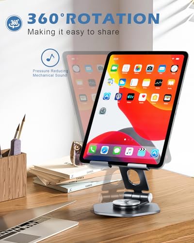 Tablet Stand, Aluminum Desktop Holder, Compatible with 5-12.9" iPad, Grey | 360° Swivel Adjustable Viewing Angles; Sturdy All-Aluminum Design Improve heat dissipation; Foldable and Storage; - color: Grey
