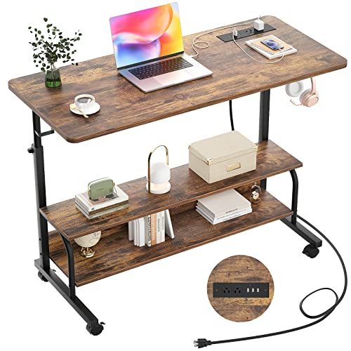 39" Rolling Standing Desk with Charging Station for Couch Bed | Height Adjust 27.5-41", 2 AC/3 USB, Mobile 4 Lockable Wheels, 2-tier Shelves Hook, Safe Corner Fast Assembly - color: Rustic Brown, size: 39''