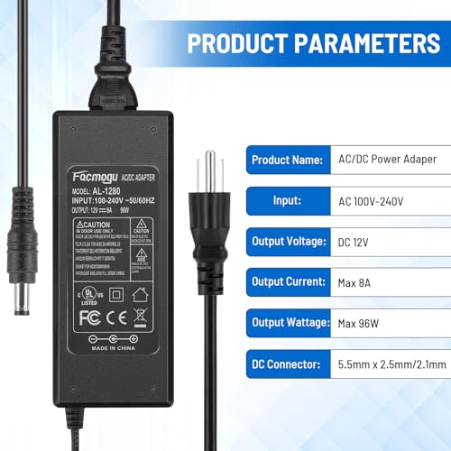 Facmogu 12V 8A AC to DC Converter Power Adapter, 96W AC 100-240V to DC 12V Transformer Desktop Regulated Power Supply, 3 Pin 6.7ft Switching Power Cord for LED Strip Light 5.5mm x2.5mm & 2.1mm Plug - size: 12V 8A (2 Prong Plug)