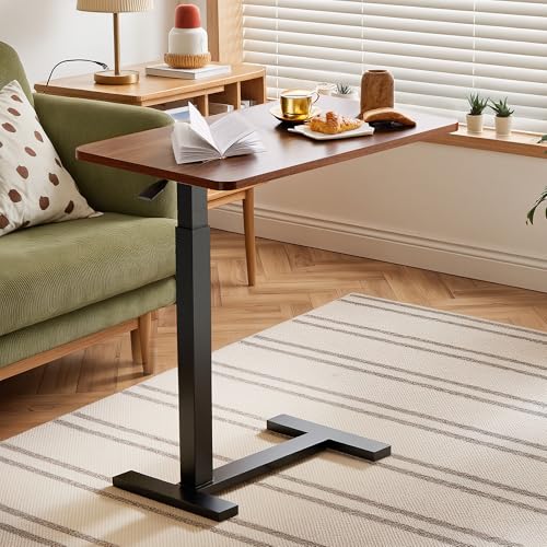 Adjustable Overbed Bedside Table with Wheels, Pneumatic Adjustable Hospital & Home Use Bed Table, Rolling Laptop Table, Mobile Standing Desk, Brown - color: Brown, style: Non-Tiltable